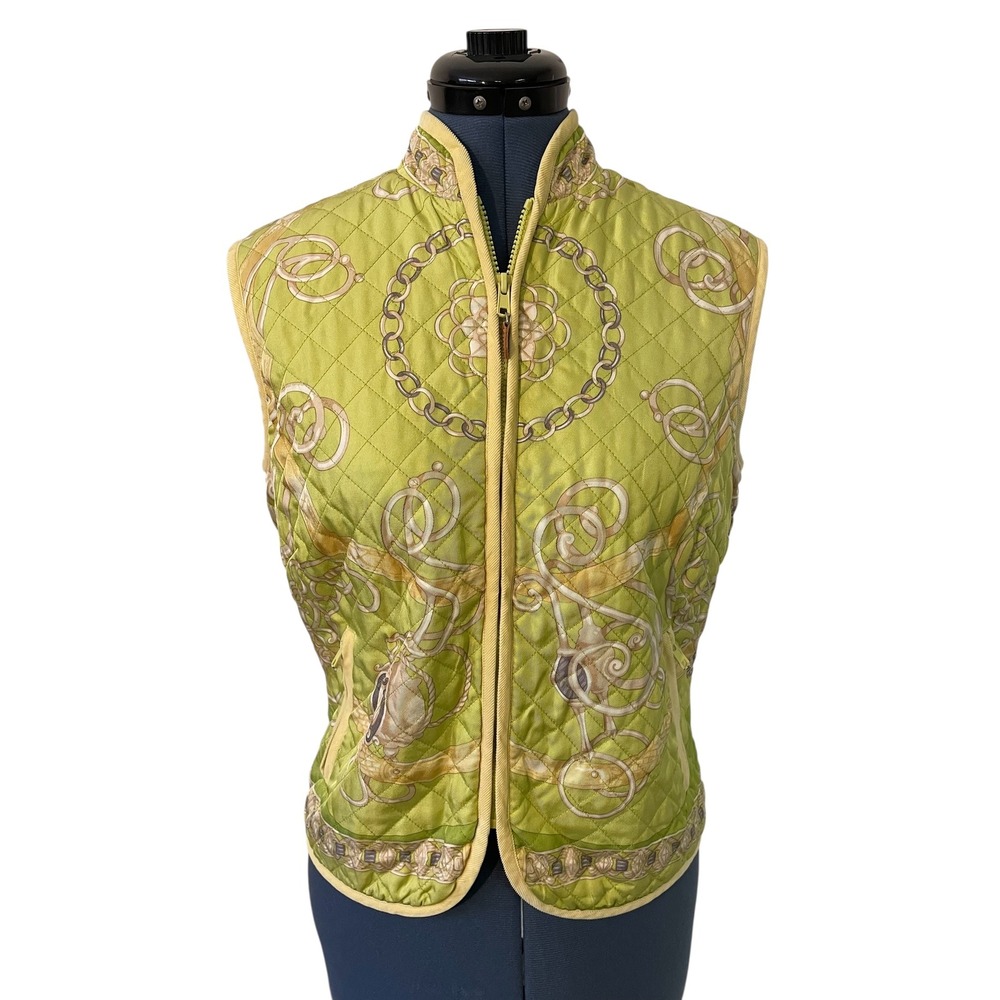 J.‎ McLaughlin Womens Green Quilted Silk Equestrian Zip Up Vest Preppy Derby S